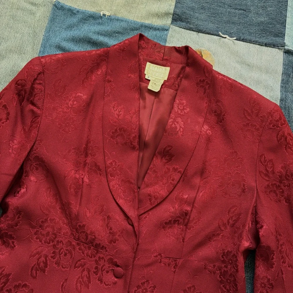 Moda International VTG 90s burgundy red floral long duster blazer size 8 - Picture 6 of 14